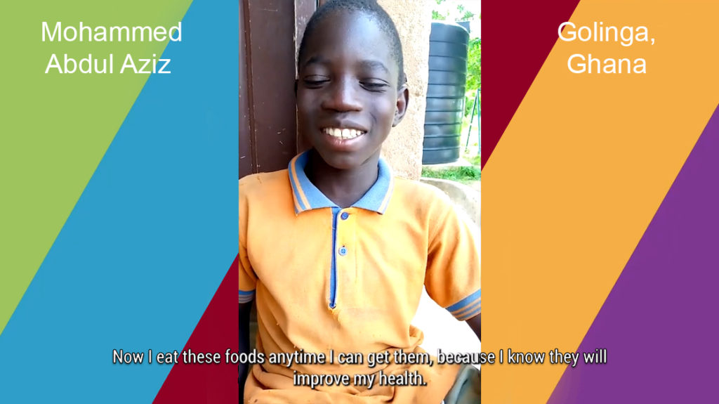 In this video, Mohammed Abdul Aziz, a young schoolboy from the Golinga community in the Northern Region of Ghana, describes how our Movement of Life project has taught him about the kinds of food to eat to improve his health.